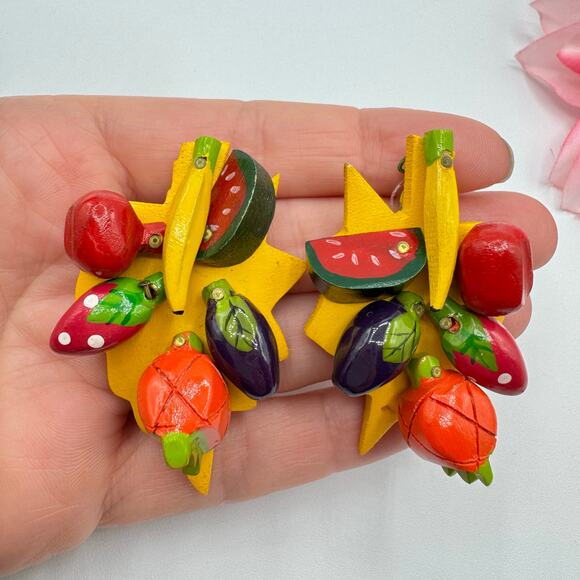 Vintage Huge Fruit Salad Earrings Hand Painted Wood Kitschy Funny Gaudy Wacky - Picture 3 of 12
